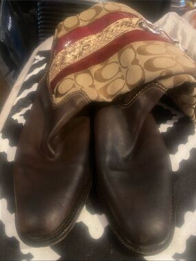 Vintage Coach Brown Leather and Signature Canvas Boots with Red Trim